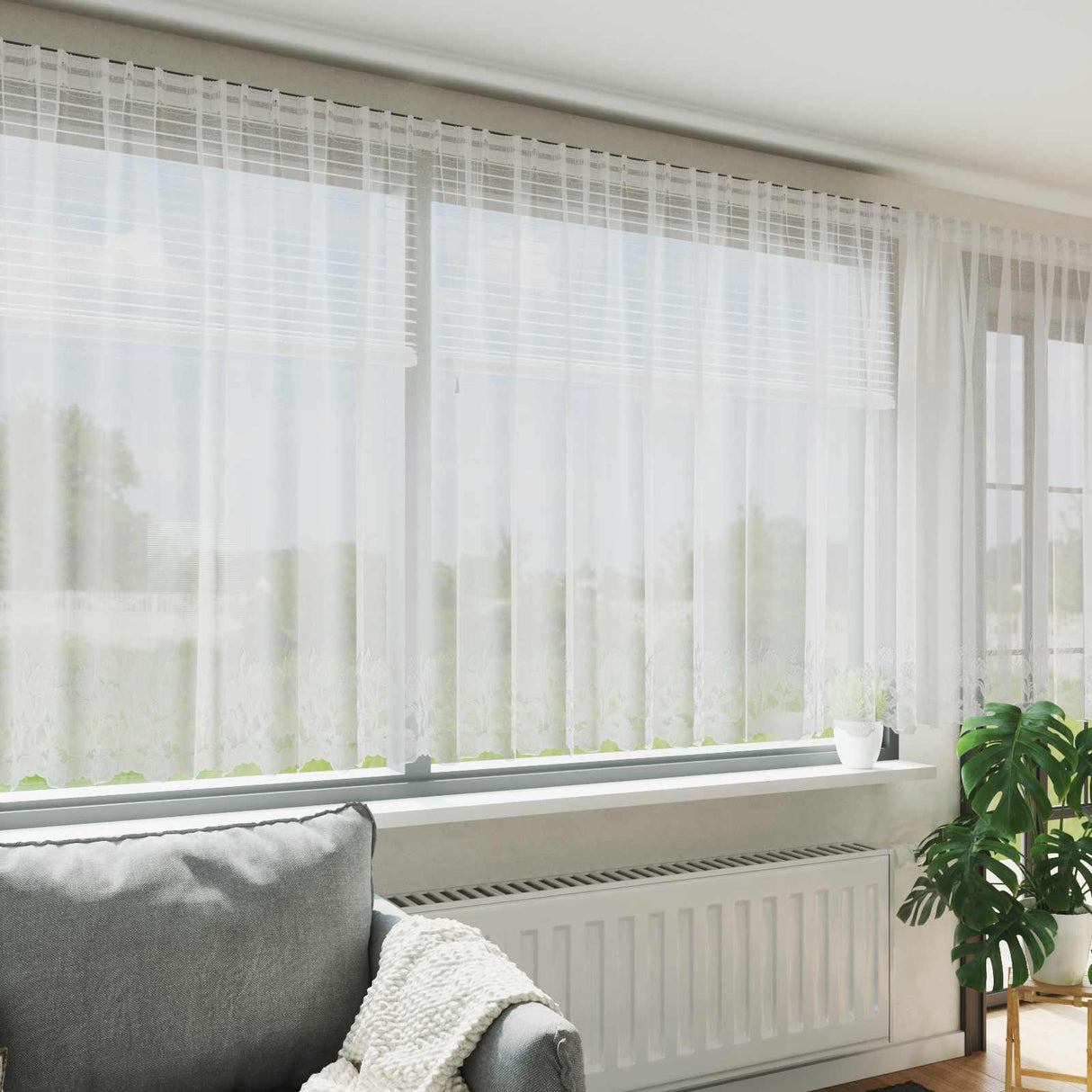 Vidaxl kantgordijn met gordijnen bloemen wit 180 x 600 cm polyester