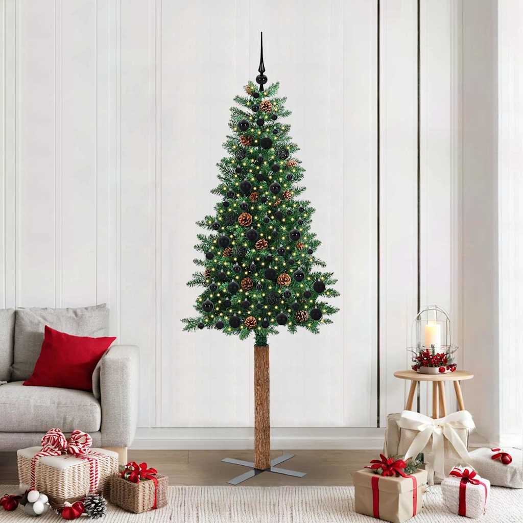 Vidaxl slanke kerstboom groen 210 cm pvc en massief dennenhout