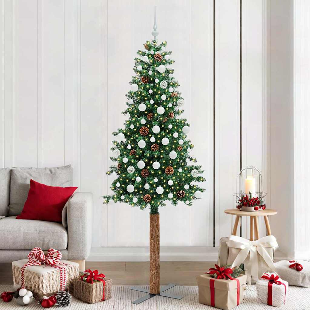 Vidaxl slanke kerstboom groen 210 cm pvc en massief dennenhout