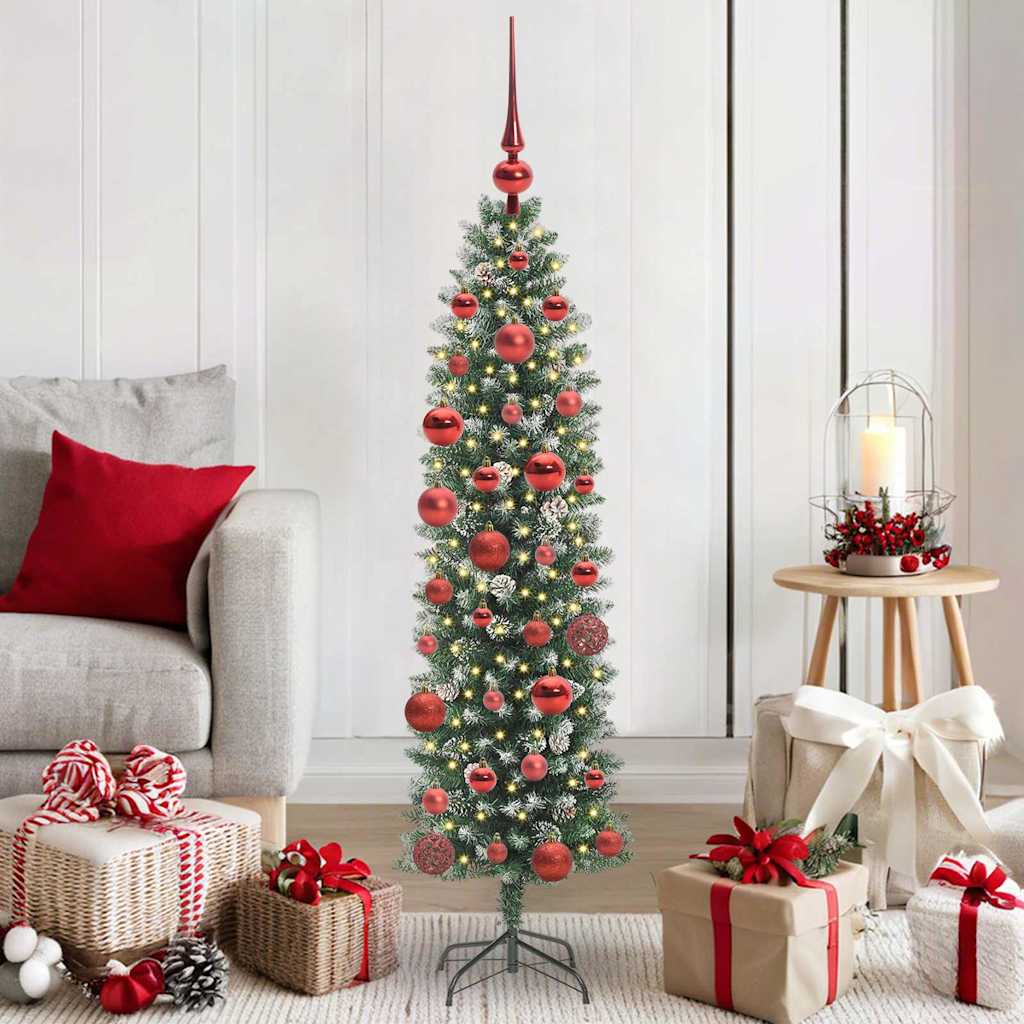 Vidaxl kunstmatige slanke kerstboom met 150 led groen en wit 150 cm