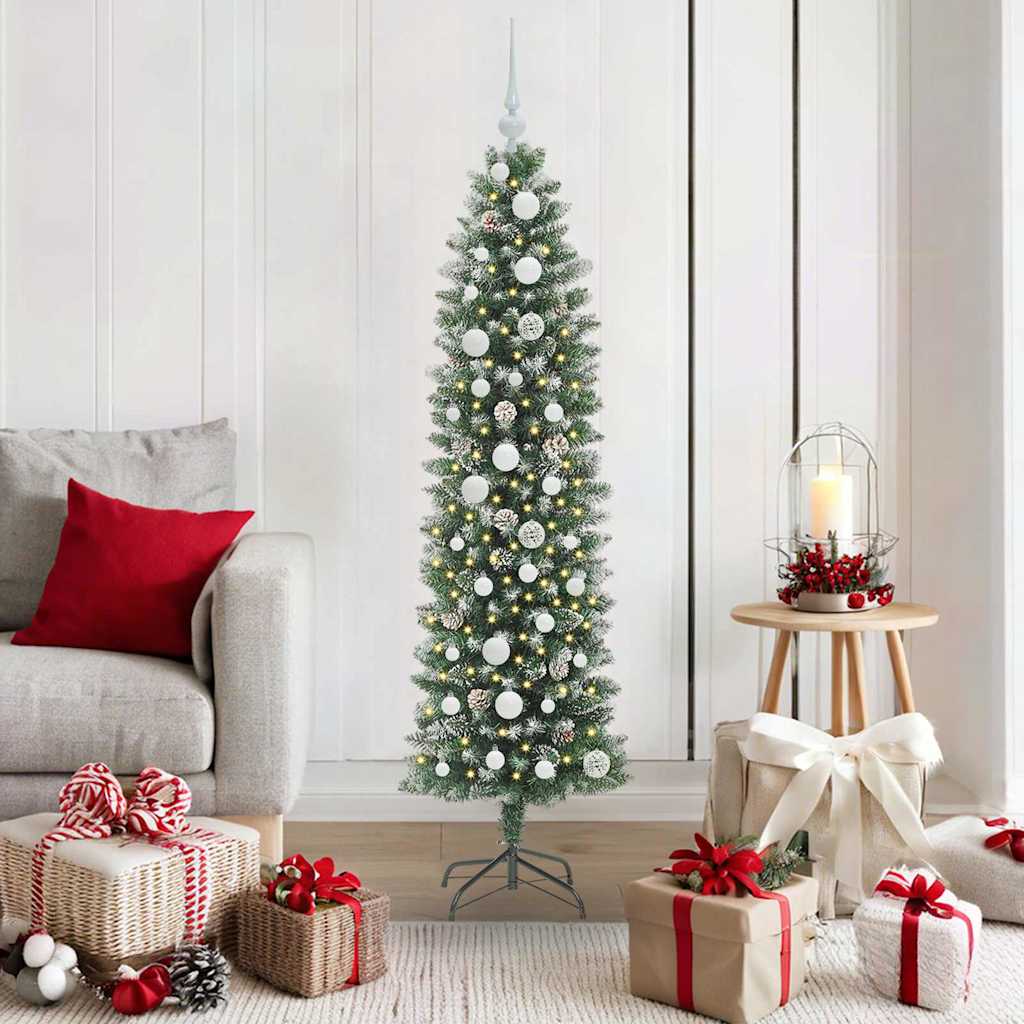 Vidaxl kunstmatige slanke kerstboom met 150 led groen en wit 150 cm