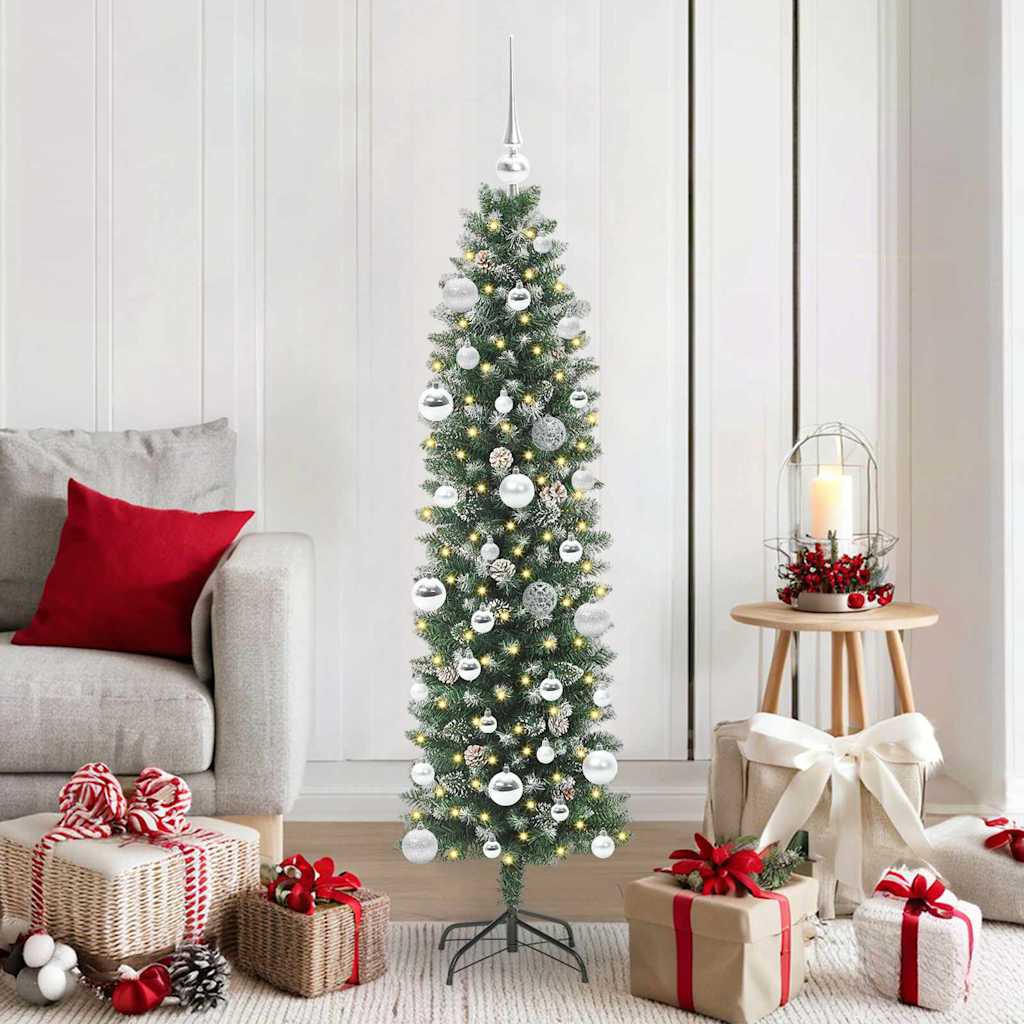 Vidaxl kunstmatige slanke kerstboom met 150 led groen en wit 150 cm