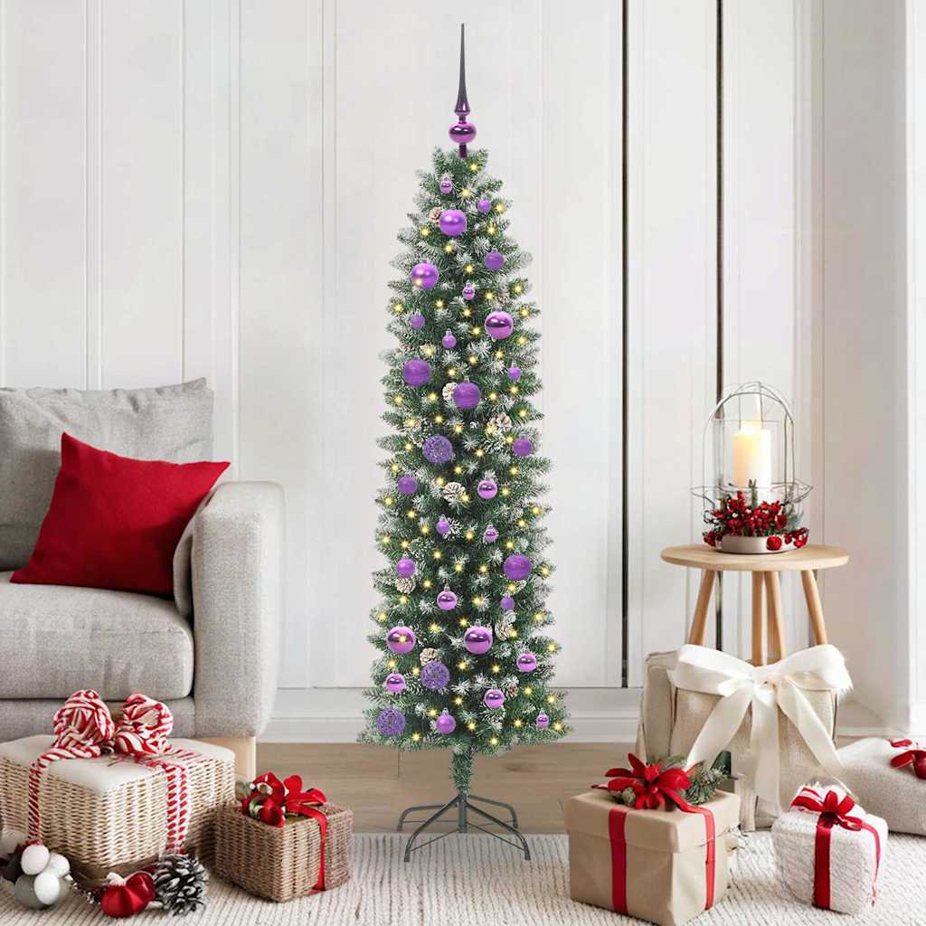 Vidaxl kunstmatige slanke kerstboom met 150 led groen en wit 150 cm