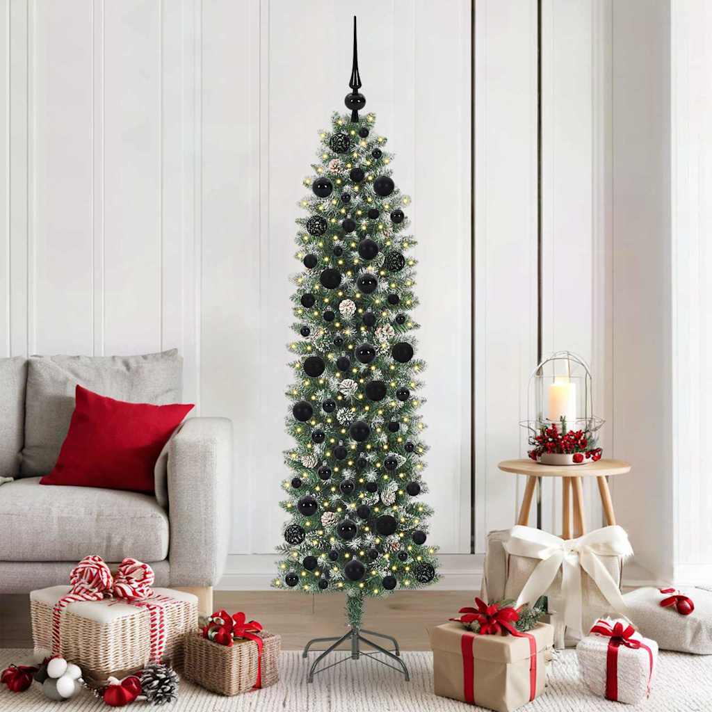Vidaxl kunstmatige slanke kerstboom met 300 led groen en wit 180 cm
