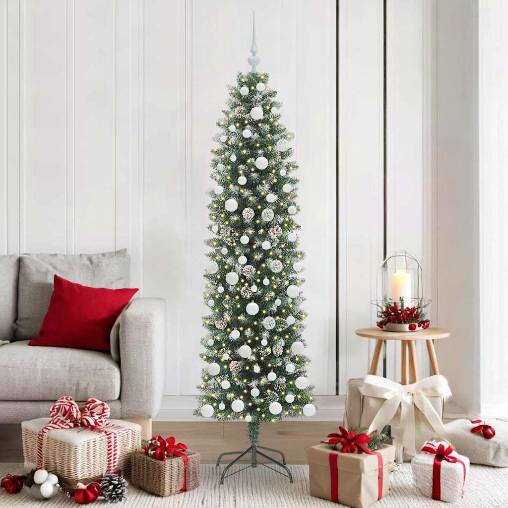 Vidaxl kunstmatige slanke kerstboom met 300 led groen en wit 180 cm