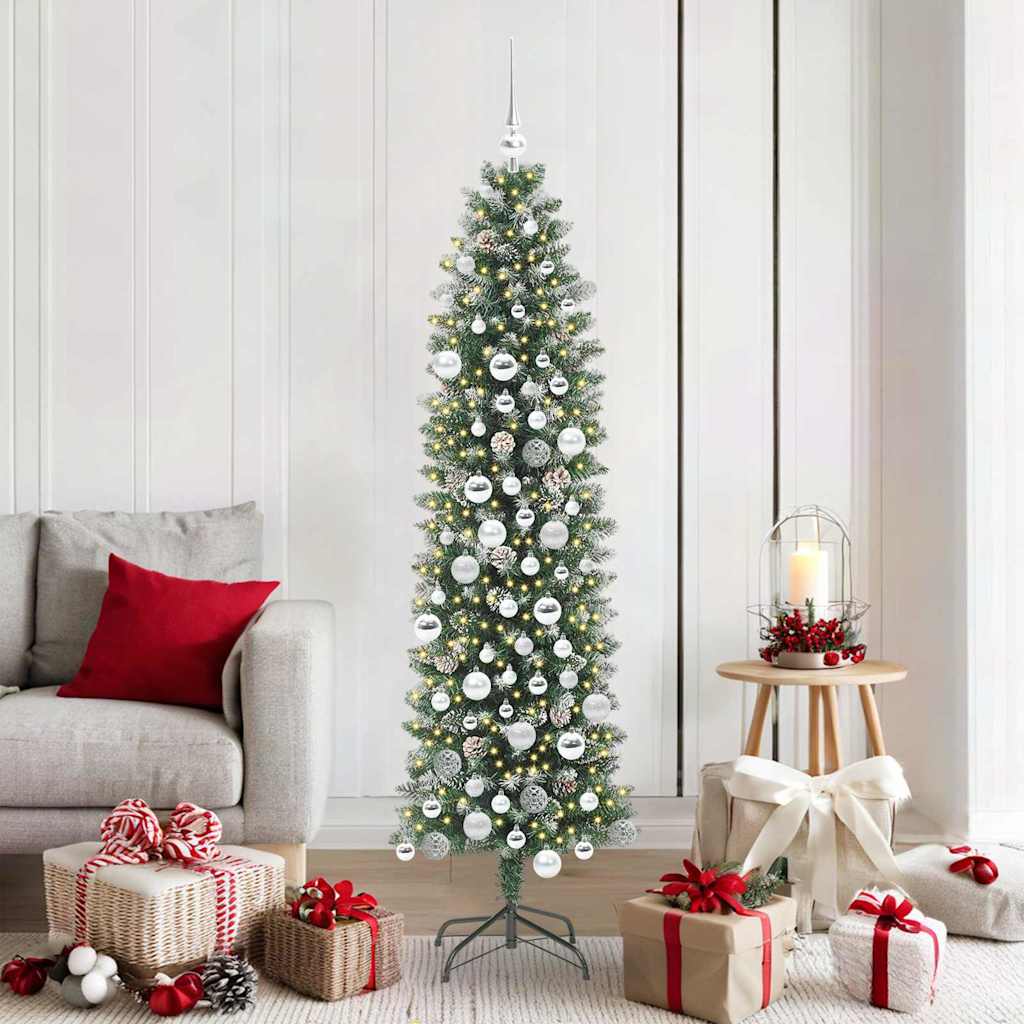Vidaxl kunstmatige slanke kerstboom met 300 led groen en wit 180 cm