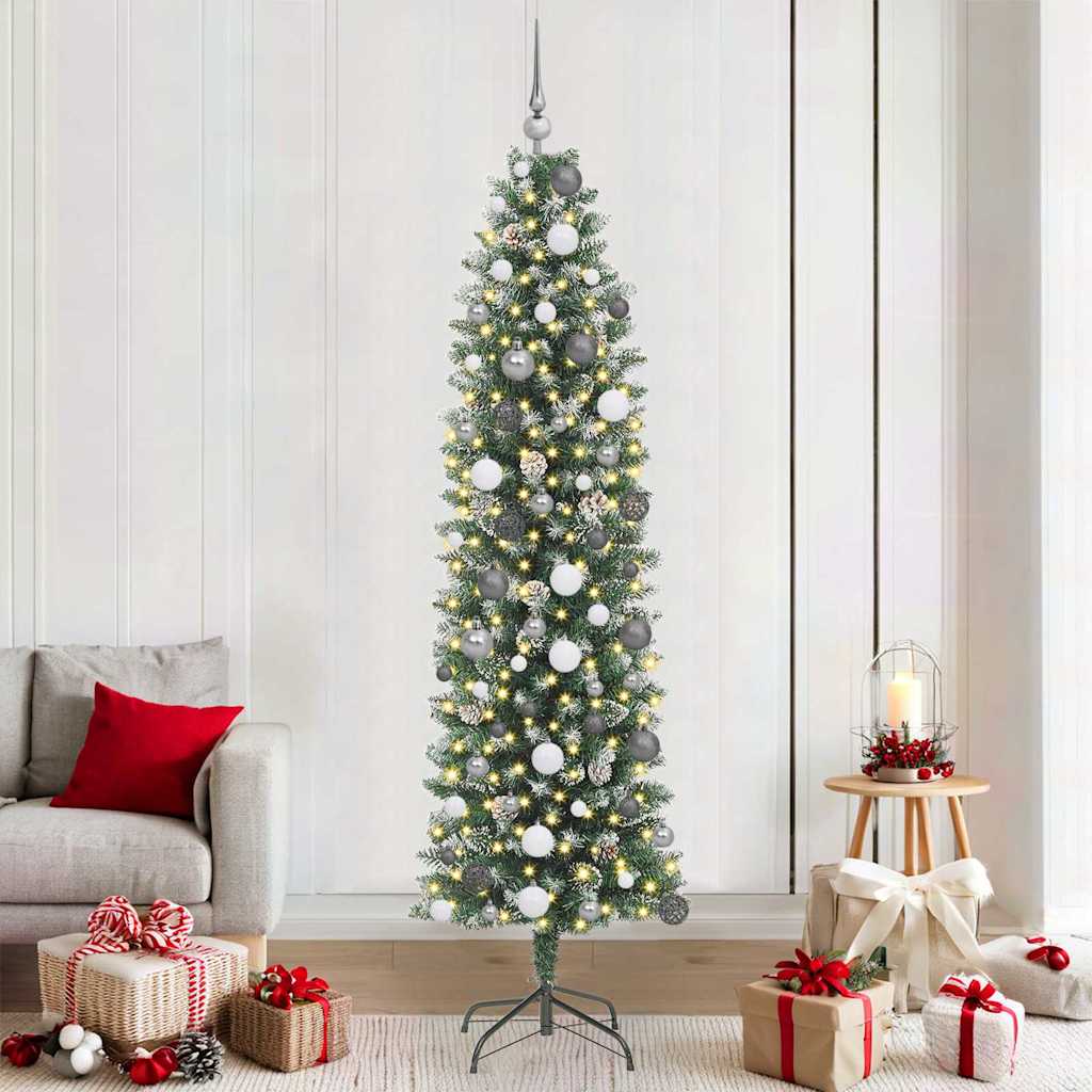 Vidaxl kunstmatige slanke kerstboom met 300 led groen en wit 210 cm