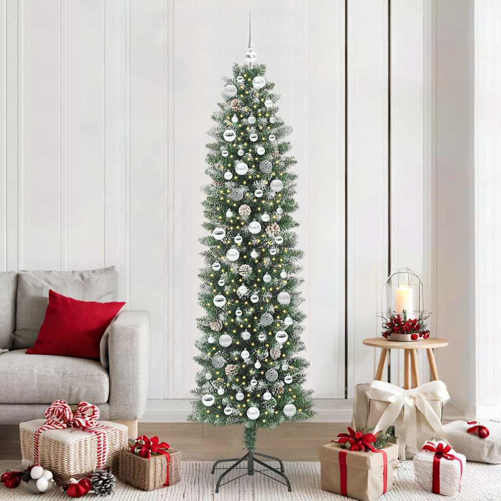 Vidaxl kunstmatige slanke kerstboom met 300 led groen en wit 210 cm
