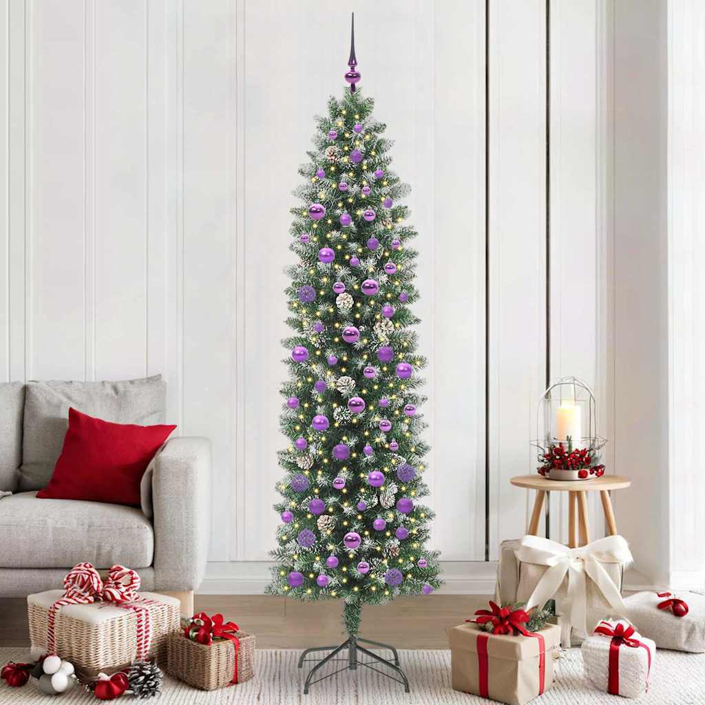 Vidaxl kunstmatige slanke kerstboom met 300 led groen en wit 210 cm