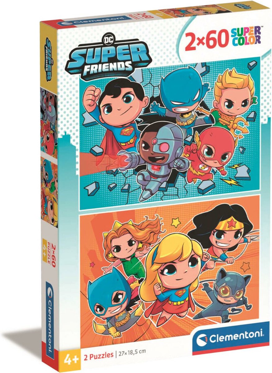 Clementoni - puslespil - 2x60 brikker - dc comics superfriends - puslespil til børn - supercolor