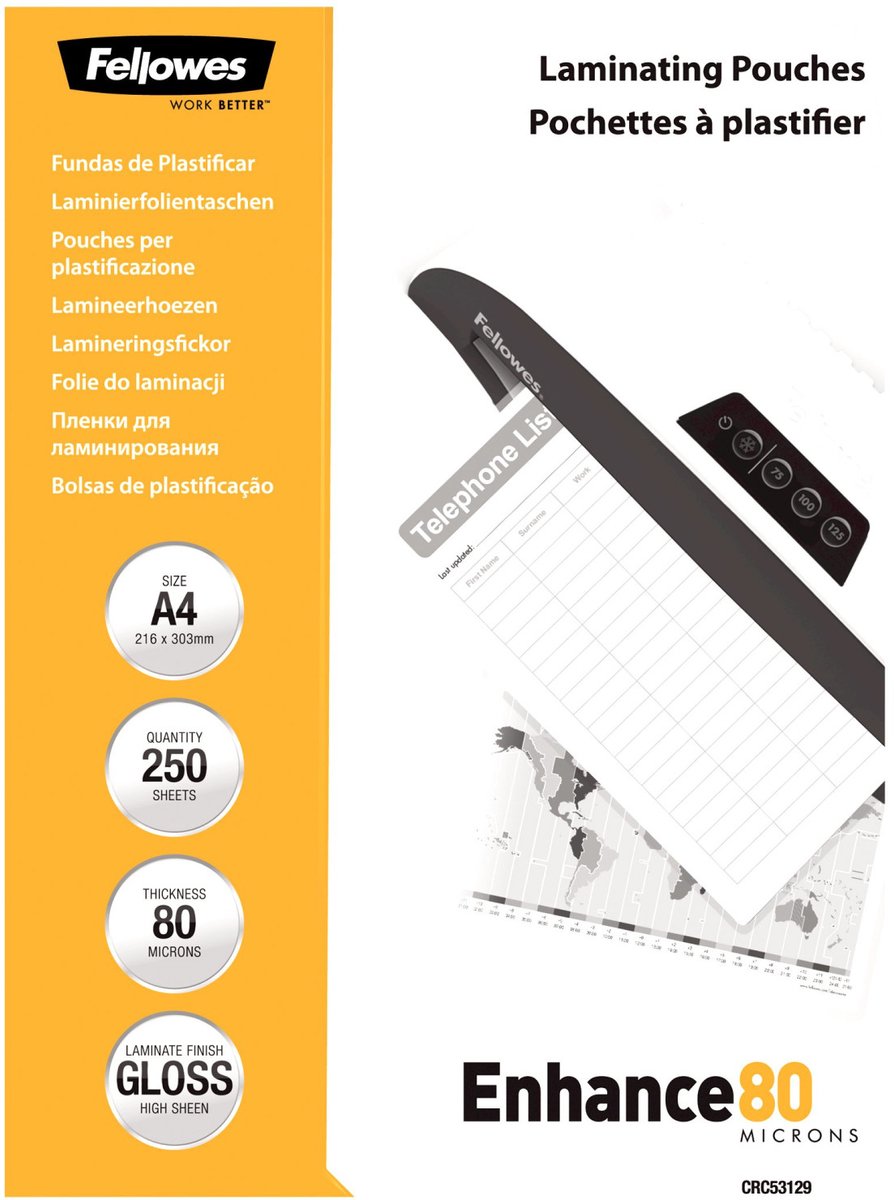 Fellowes lamineringsposer a4 80 mikron blank værdi pakke 250 stk.