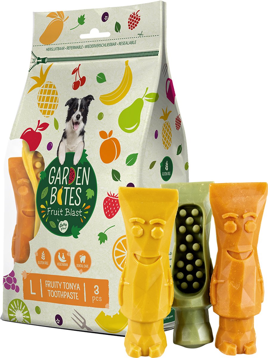 Havebid duvoplus - frugtagtig tonya tandpasta hundesnacks - hundegodbidder - vegetarisk glutenfri - store 3 stk.