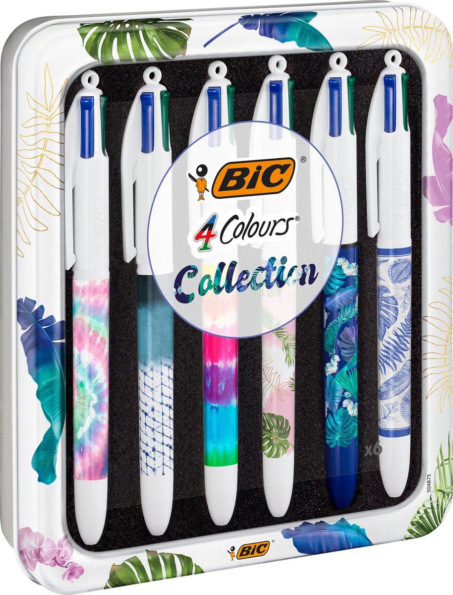 Bic 4-farve kuglepenne - botaniske og bindefarvedekorer - gaveæske med 6 kuglepenne - medium spids 1 mm