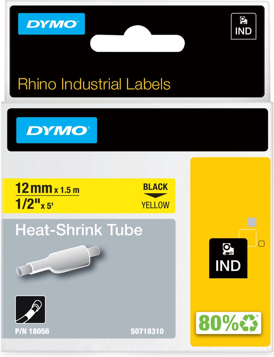 Dymo næsehorn industrielle varmekrympeslange etiketter | 12 mm x 1,5 m | sort tryk på gul | til rhino label printere