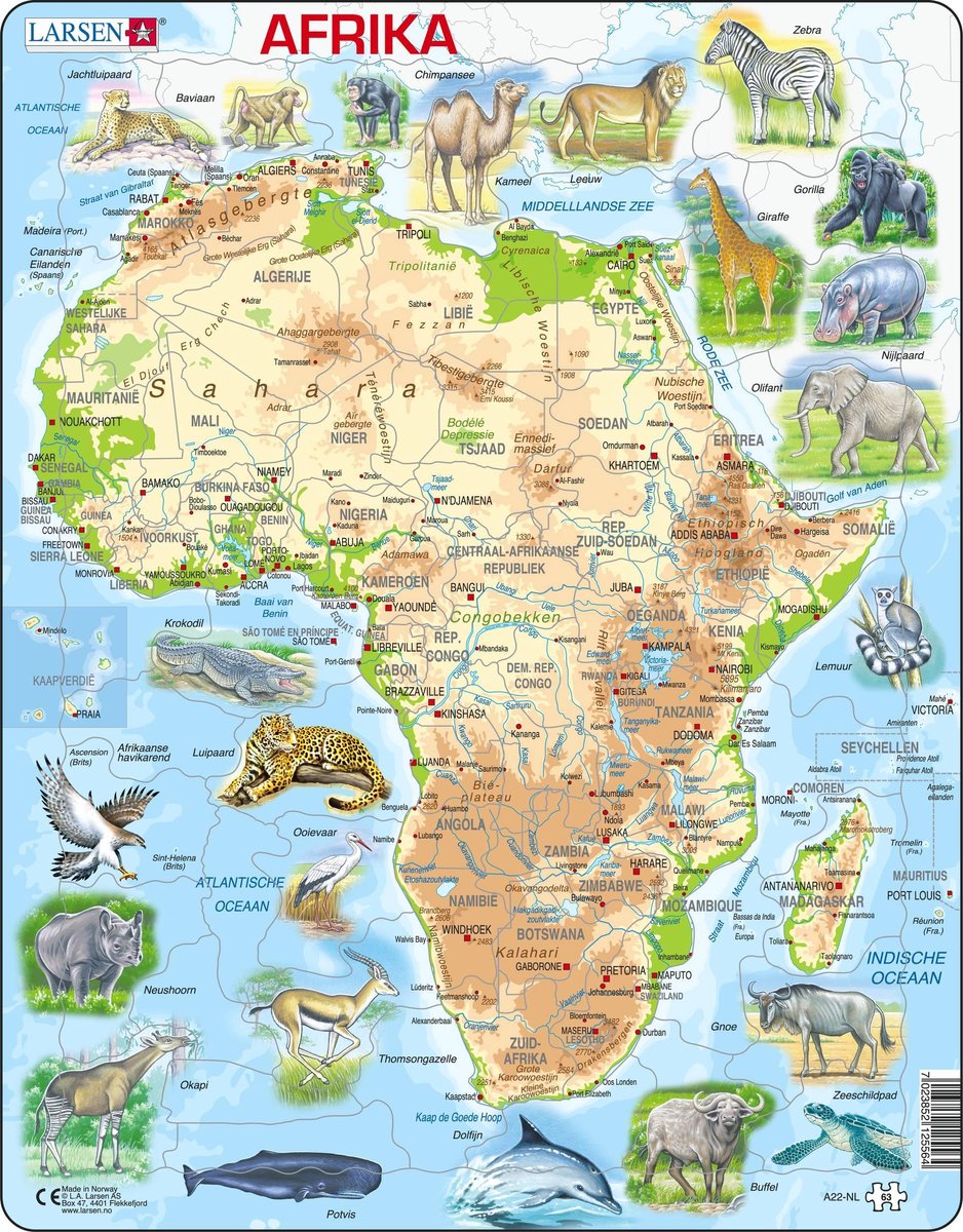 Larsen afrique carte topographique – puslespil – afrika – pays et animaux – puslespil éducatif pour enfants – 63 brikker – Fabriqué en norvège – brikker ekstra épaisses de 2,5 mm – plateau med fast plade