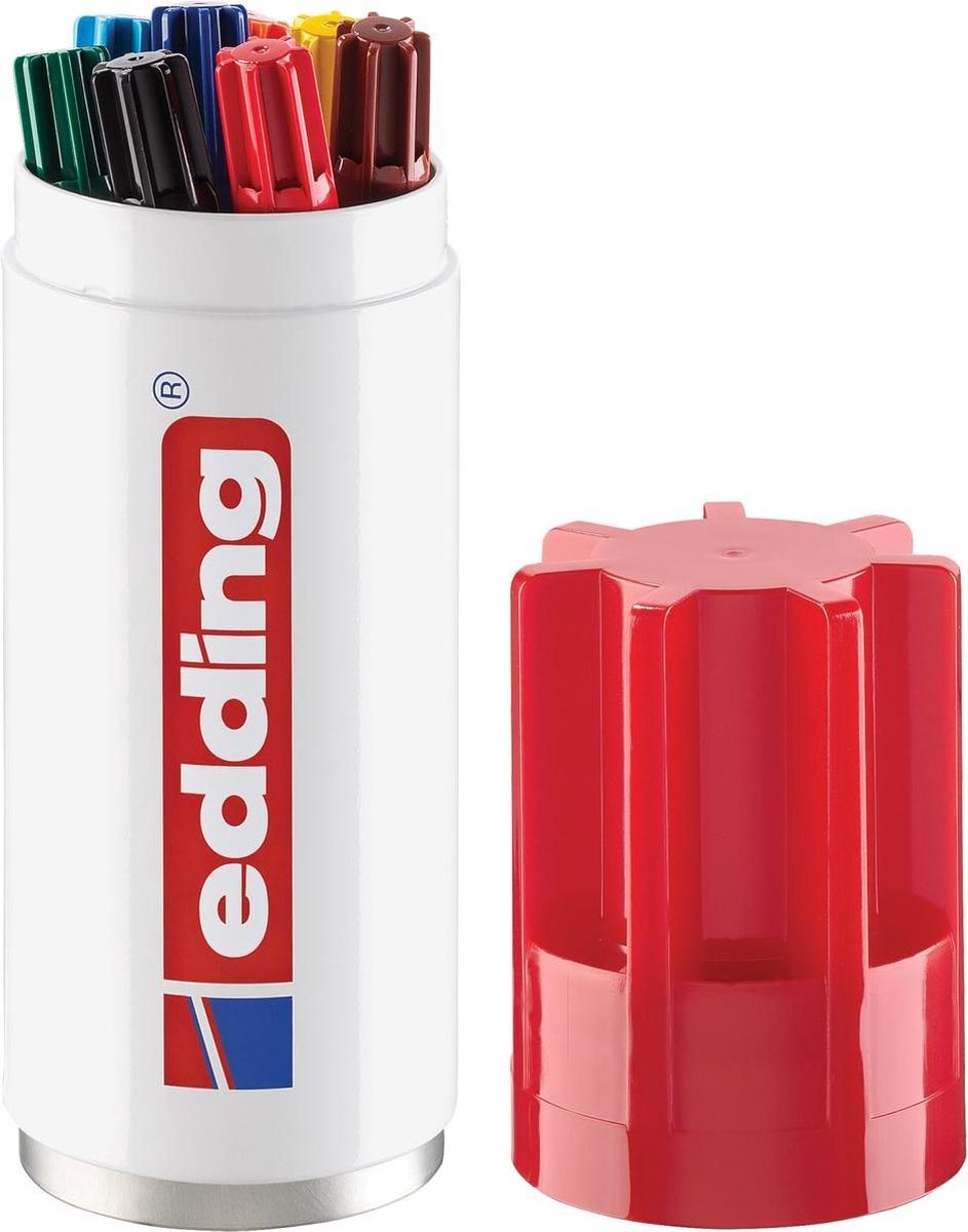 Edding 3000 permanent tusch - 8 farver - 8 tuscher i dåse - rund spids 1,5-3 mm - vand- og slidbestandig - til pap, plastik, træ, metal osv. - alkoholtuscher til voksne