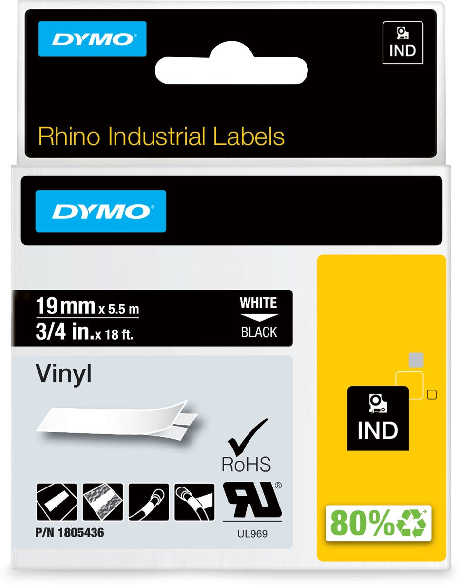 Dymo næsehorn industrielle vinyletiketter | 19 mm x 5,5 m | hvidt tryk på sort | selvklæbende etiketter til rhino label manager etiketprintere