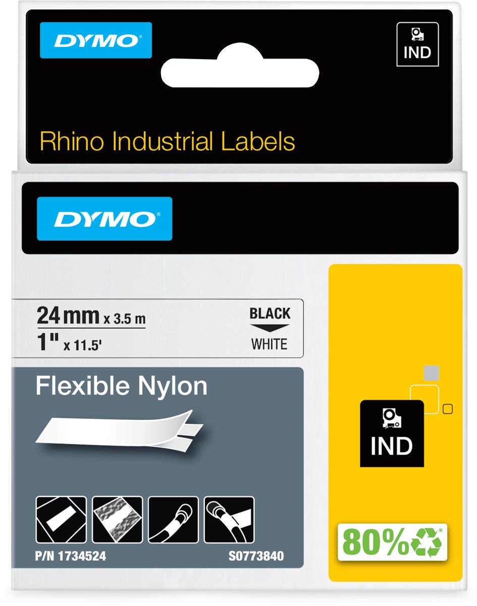 Dymo næsehorn industrielle fleksible nylonetiketter | 24 mm x 3,5 m | sort print på hvidt | selvklæbende etiketter til rhino label manager etiketprintere
