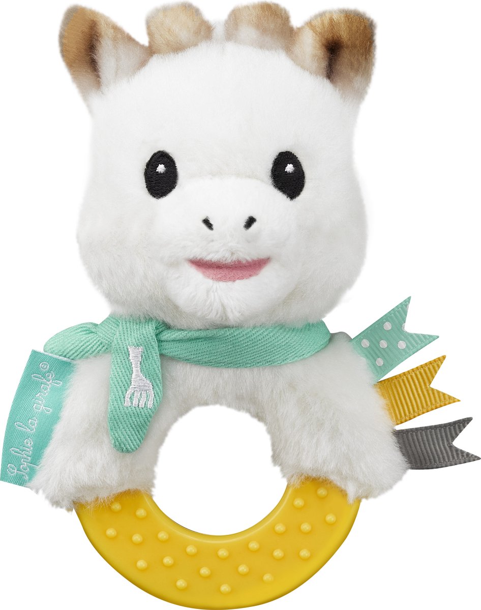 Giraffen Sophie rangle - 2-i-1 rangle bidering - babylegetøj - barselsgave - baby shower gave - fra 3 måneder - 13x7x6 cm - plys gummi - gul hvid turkis