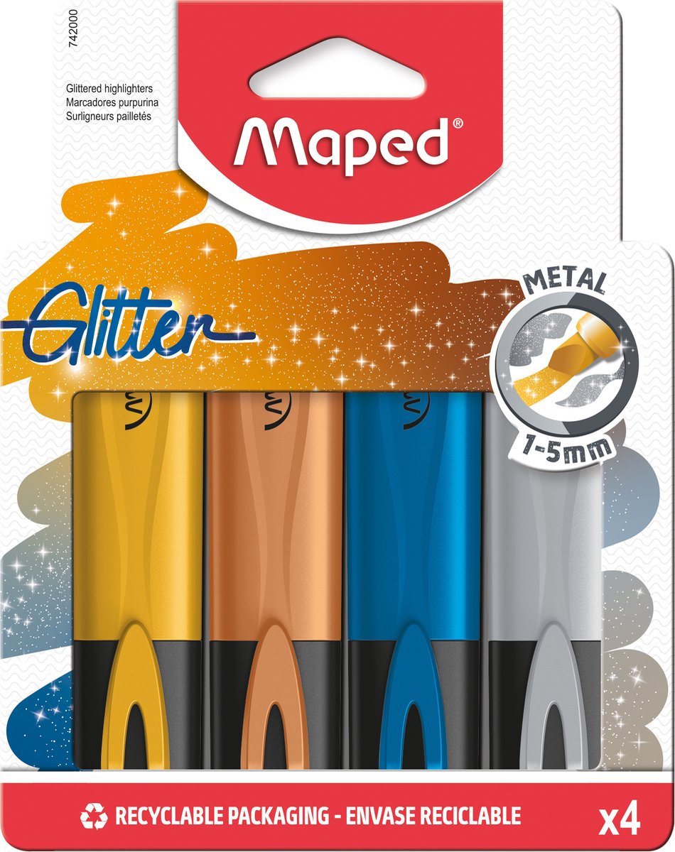 Maped office maped fluo'peps glitter metal tekstmarkører - 4 stk