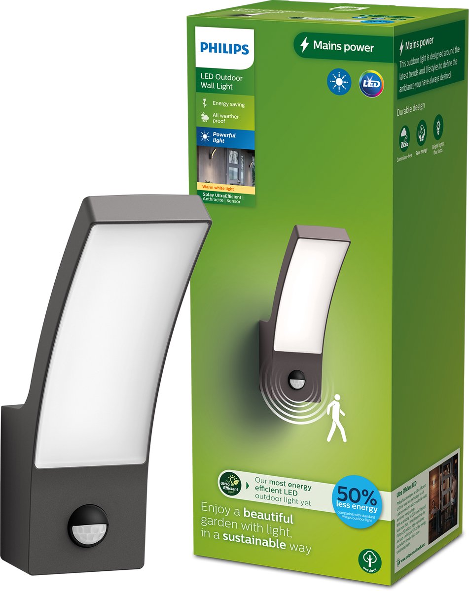 Philips led philips splay wandlamp - ultra efficient - antraciet - met sensor - 3,8w