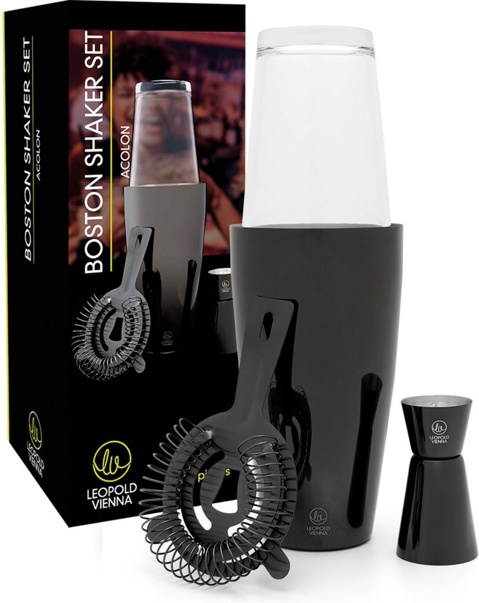 Leopold vienna - cocktail set boston rvs zwart (cocktail shaker, pipet, strainer) moederdag giftset