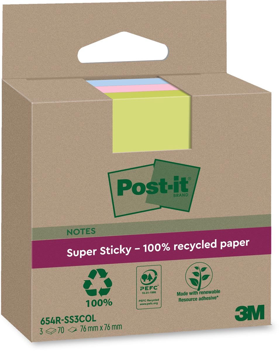 Post-it super sticky notes genbrugt | 70 ark | fod 76 x 76 mm | assorteret | pakke med 3 blokke