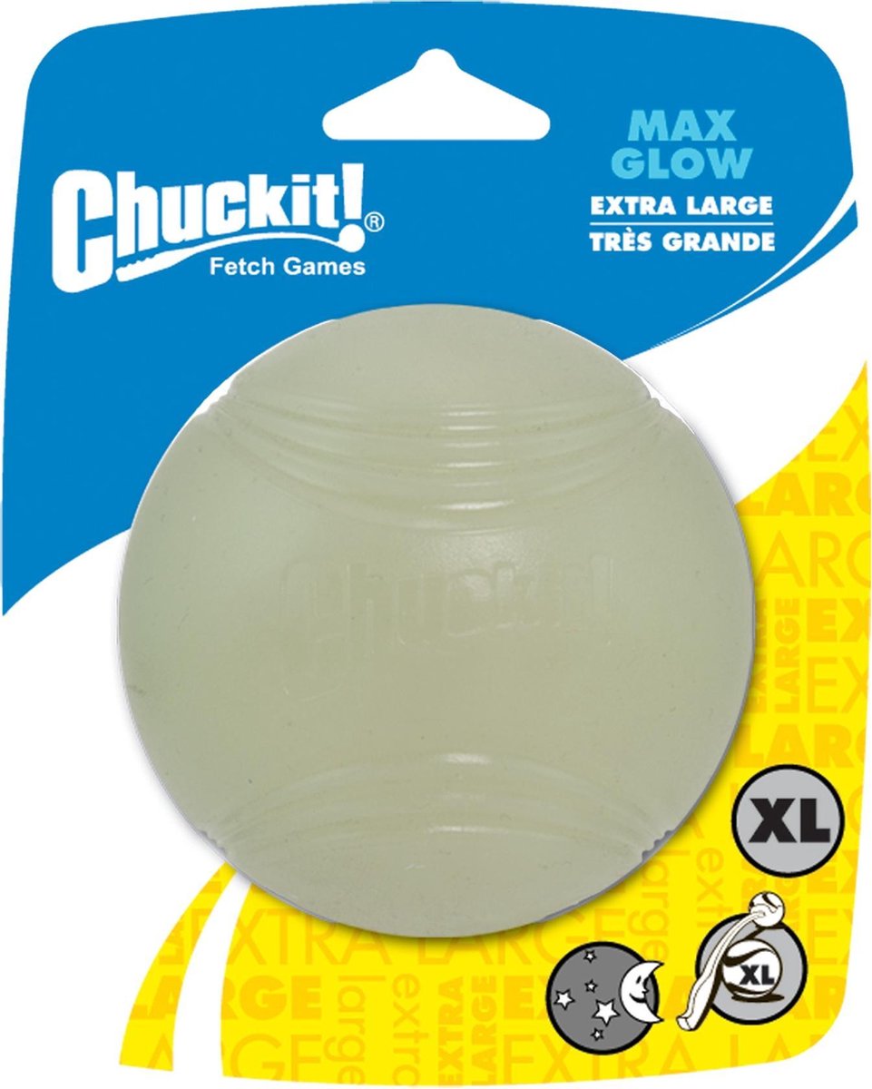Chuckit! max glødebold – hundelegetøj – hundebold – flydende – hentelegetøj – glød i mørke – ekstra stor – ø9 cm – 1 stk.