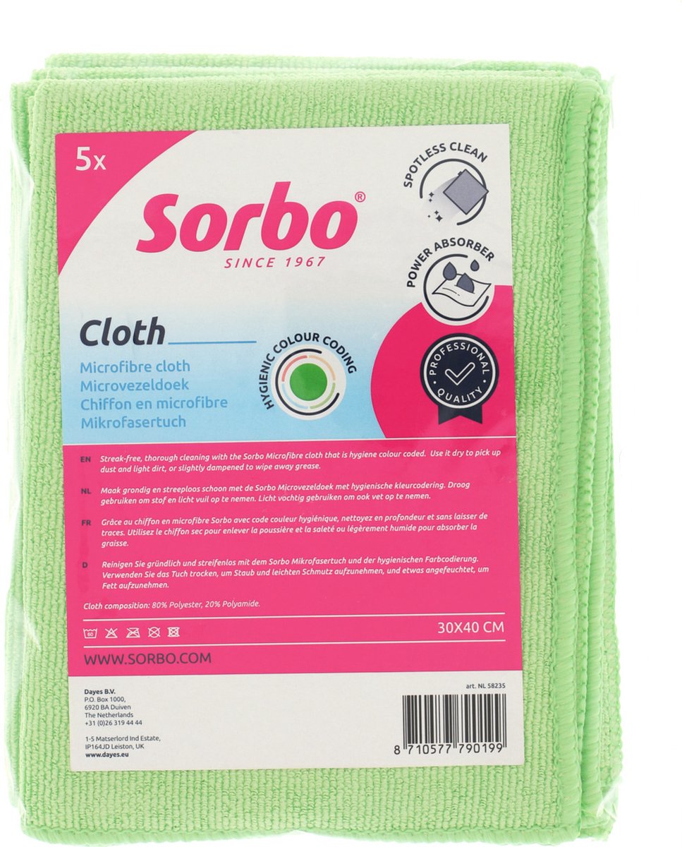 Sorbo professionelle mikrofiberklude - grøn - 30x40 cm - rengøringsklude - 5 stk.