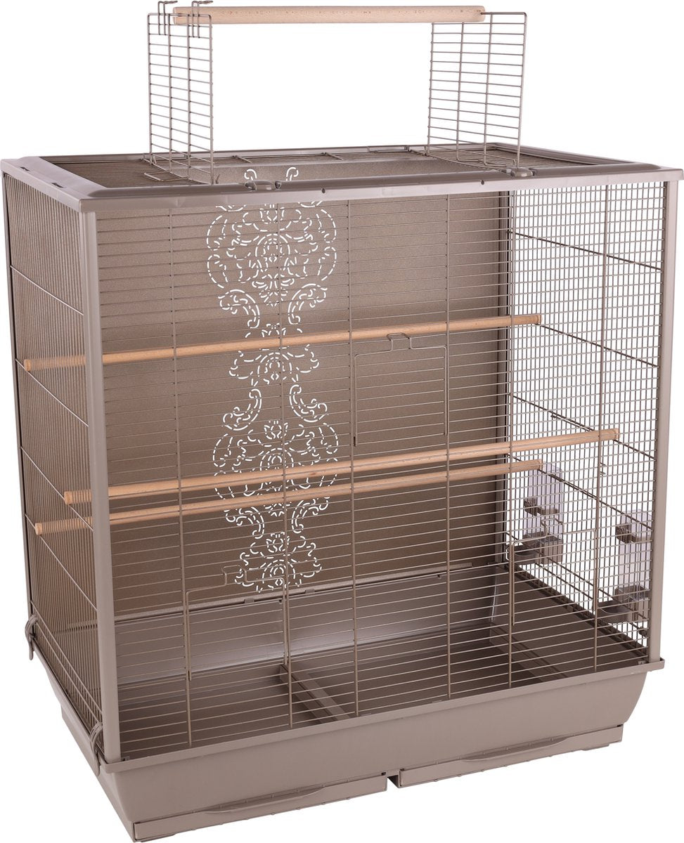Flamingo voliere parakitbur ibis taupe – rummeligt fuglebur med siddepinde, madskåle tagåbning – 78x48x81,5 cm