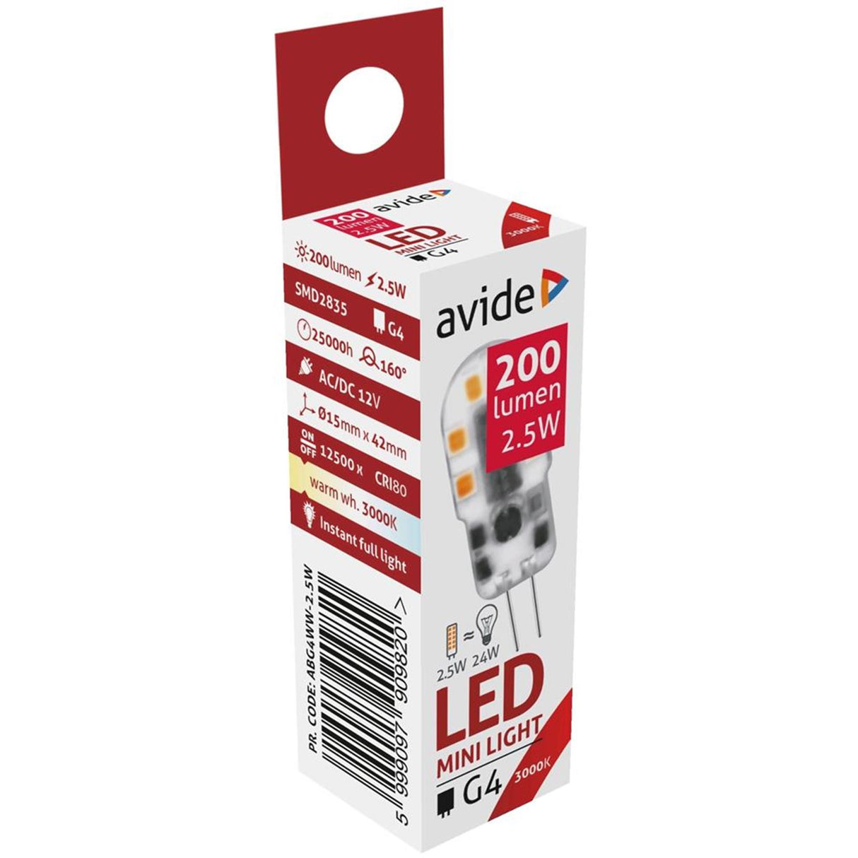 Avide LED-lampe 2,4w, G4-fitting 3000kelvin varm hvid 200 lumen