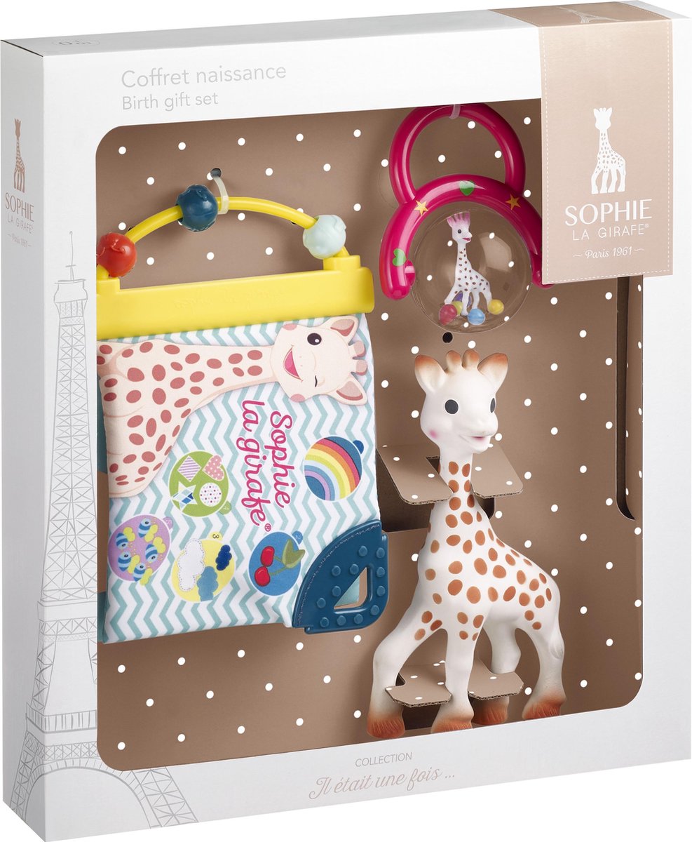 Sophie the giraffe gavesæt - fødselsgavesæt - barselsgave - baby shower gave - dukke, rangle opdagelseshæfte - fra 0 måneder - i hvid gaveæske - 3 stk.