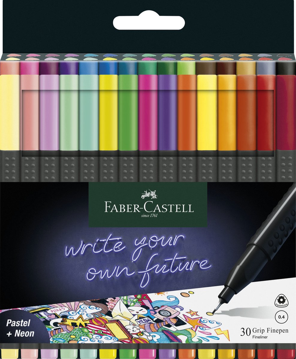 Faber-castell fineliner - greb - skrivebredde 0,4 mm - kasse 30 styk - pastel + neon + grundfarver - fc-151630