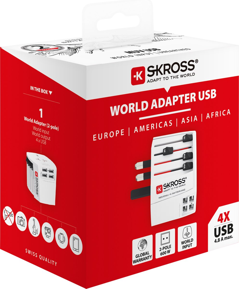 Skross - verdensrejseadapter 2-polet + 4 USB-oplader + 1 type c 2400 ma hvid