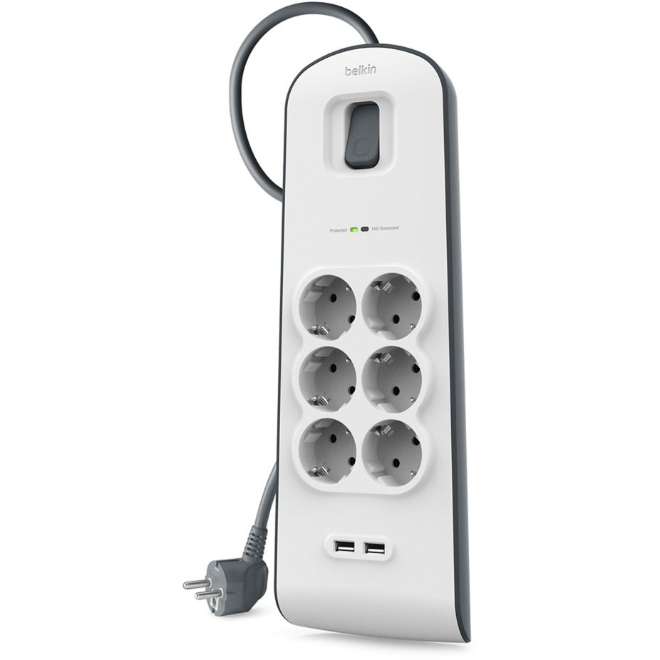 Belkin spændingssikkerhed med 6 stikkontakter og 2 USB-P