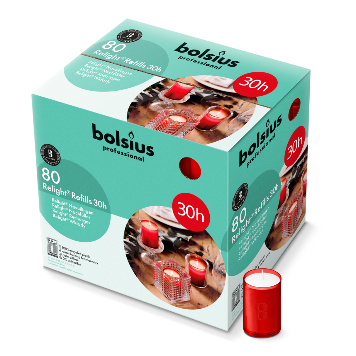 Bolsius relight refill rød ø52x64 mm 30 timer (80 stk.)