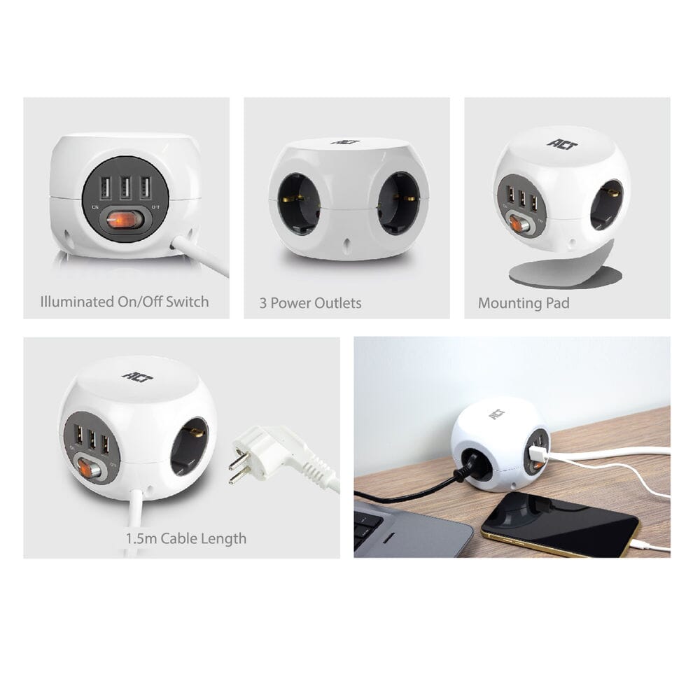 Act Square Socket (PDU) med 3 stikkontakter Type F 1,5 m