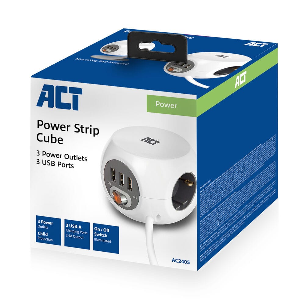 Act Square Socket (PDU) med 3 stikkontakter Type F 1,5 m