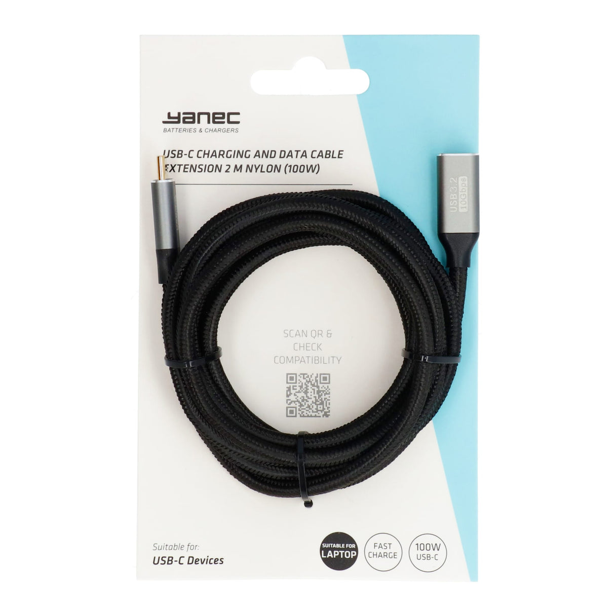 Yanec USB-C forlængerkabel til opladning og datakabel 2m nylon (100w)