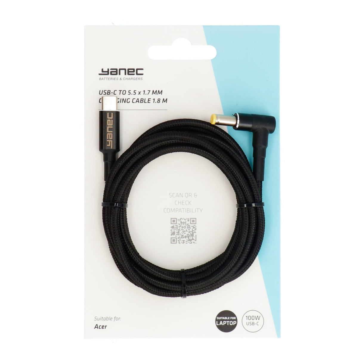 Yanec USB-C til 5,5 x 1,7 mm ladekabel 1,8m