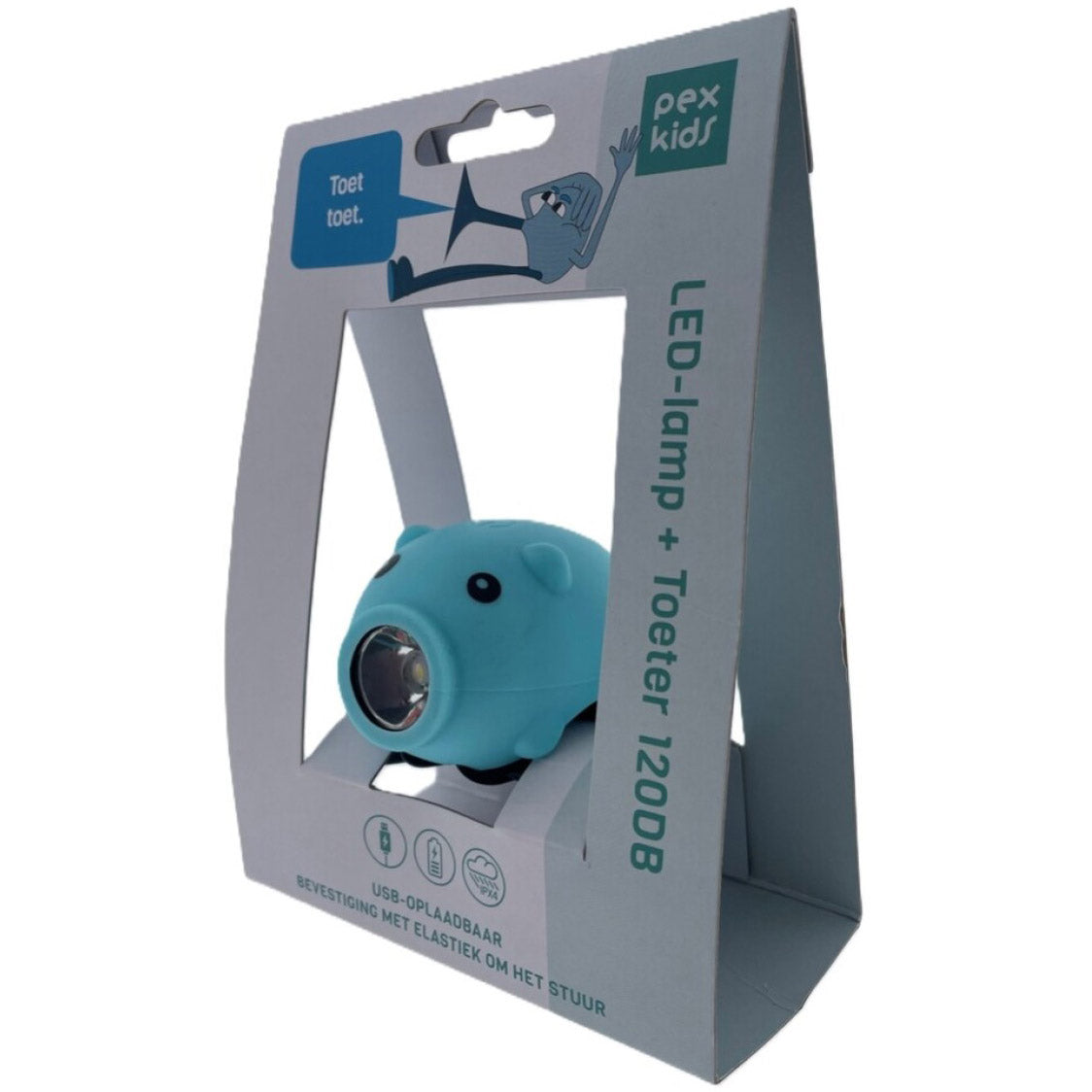 Pexkids cykelhorn gris med LED lampe USB blå