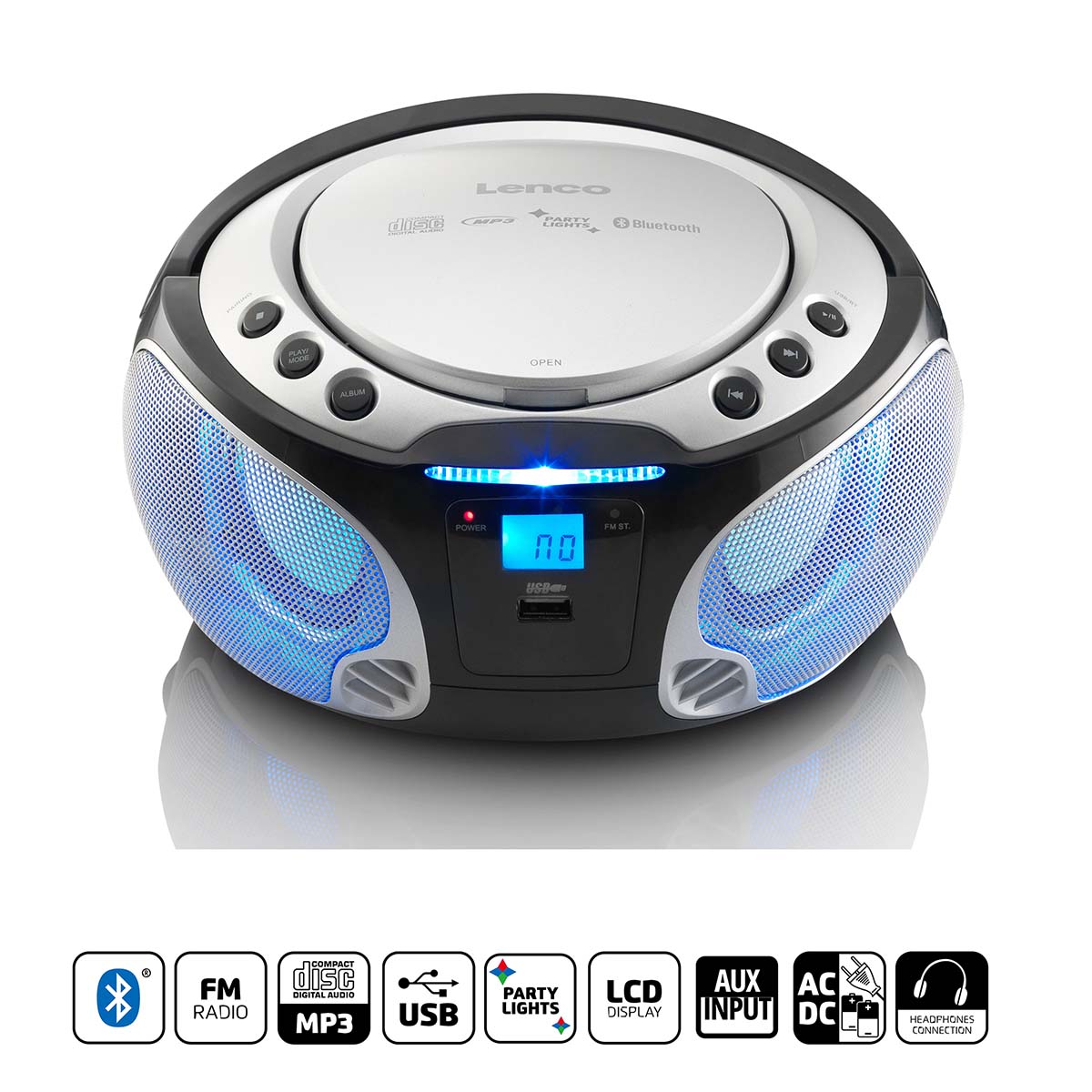 Lenco SCD-550si Bærbar FM-radio CD MP3 USB Bluetooth-afspiller® med LED-lys Sølv - SCD-550si