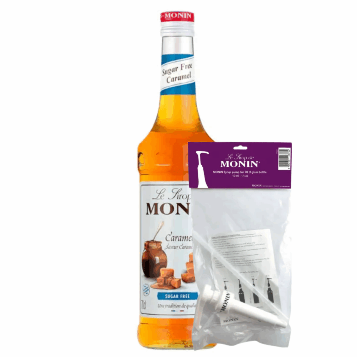 Monin sirup karamel sukkerfri (70 cl) + sirup pumpe (10 ml)