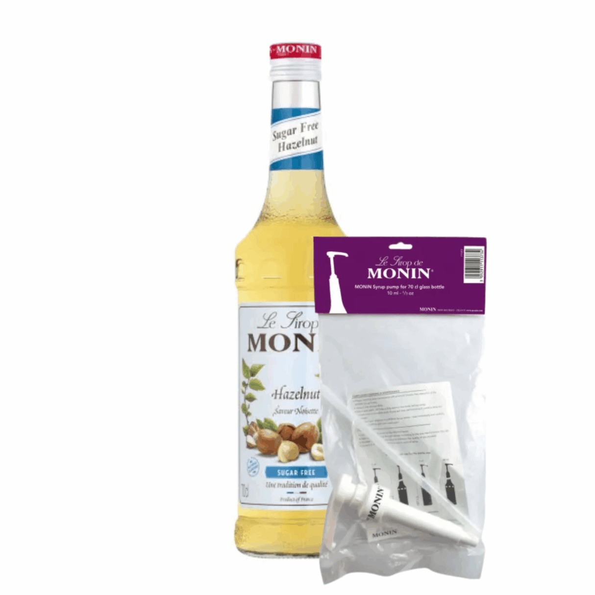 Monin sirup hasselnød sukkerfri (70 cl) + sirup pumpe (10ml)