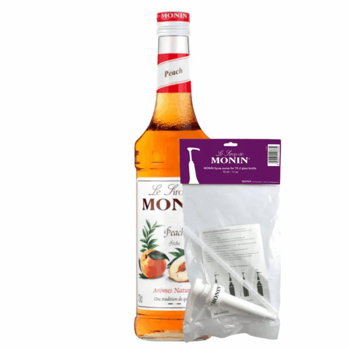 Monin sirup fersken (70 cl) + sirup pumpe (10 ml)
