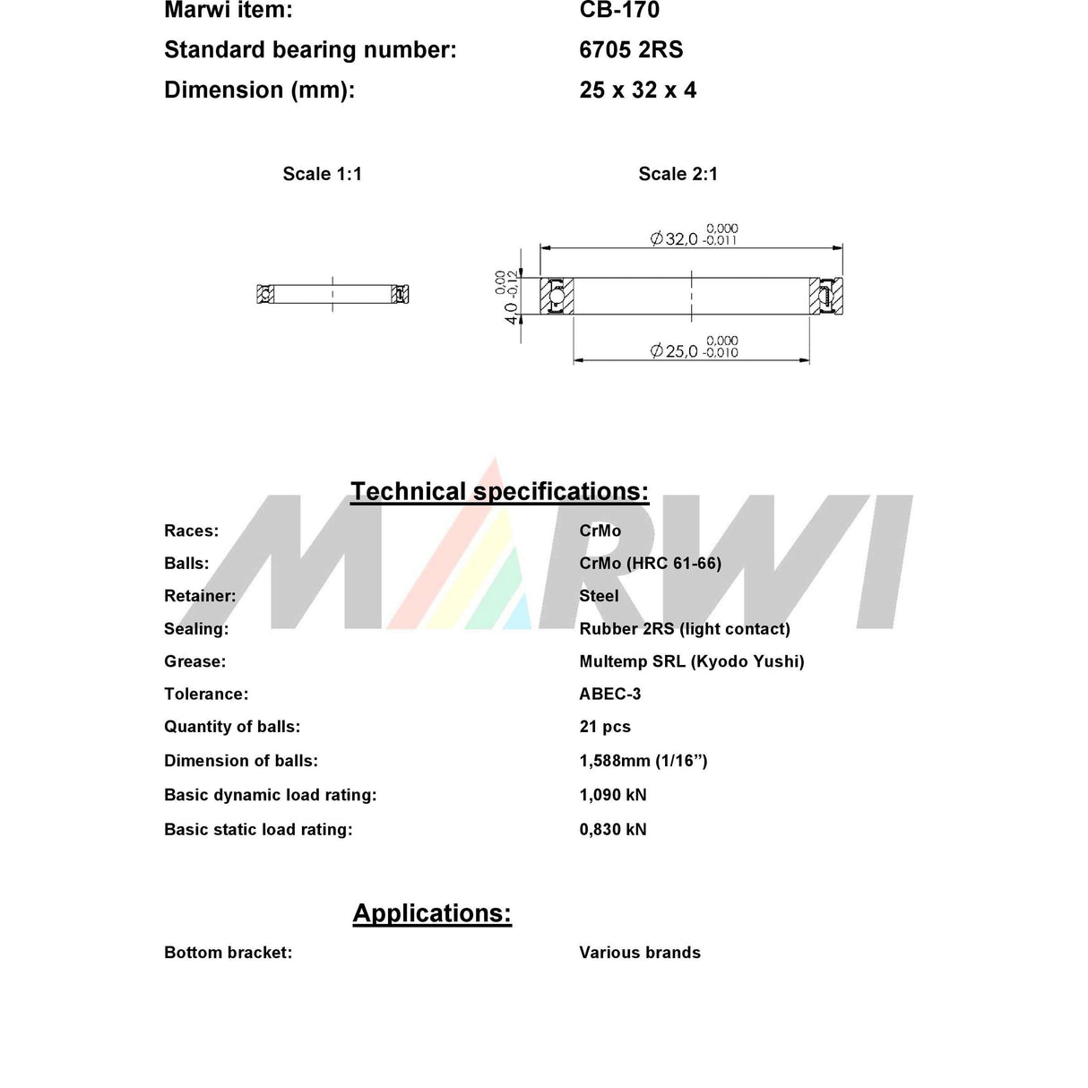 Marwi Union Kogellager CB-170 6705 2RS 25x32x4