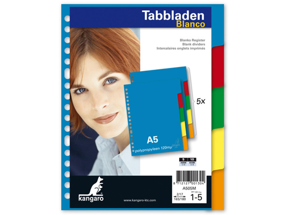 Kangaro tab a5 blank pp 120 mikron assorteret 17-hullers 5-delt plastik
