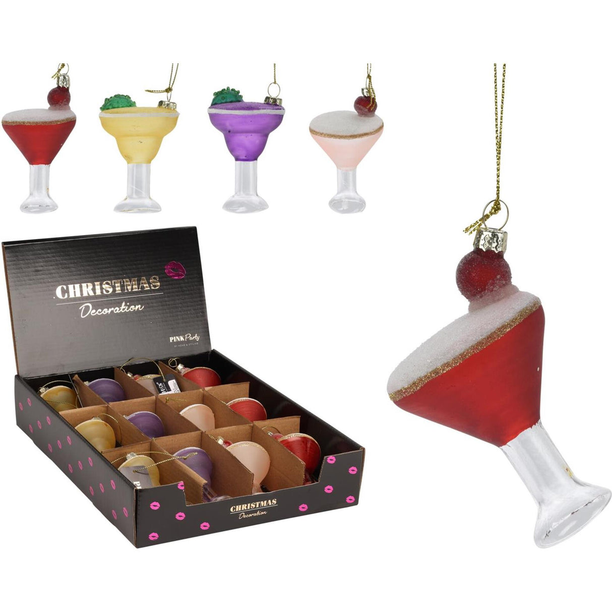 Julevedhæng cocktailglas glas 8,5cm 4 assorteret udstilling af 12 stk