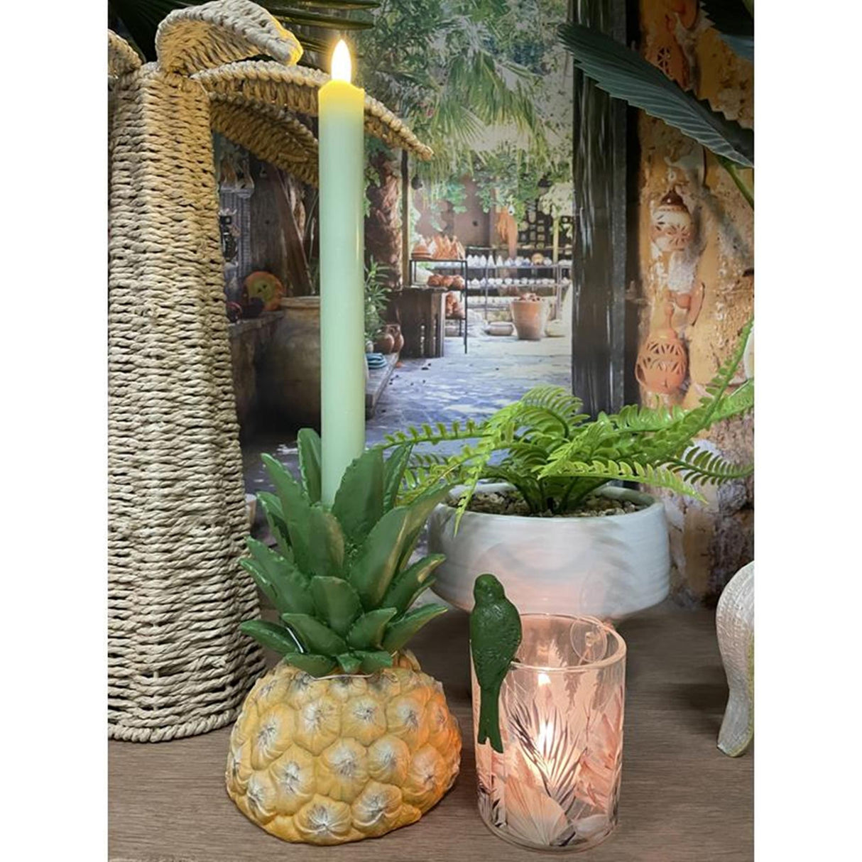 Cosydecor lysestage ananas polystone 12x12x18cm gulgrøn