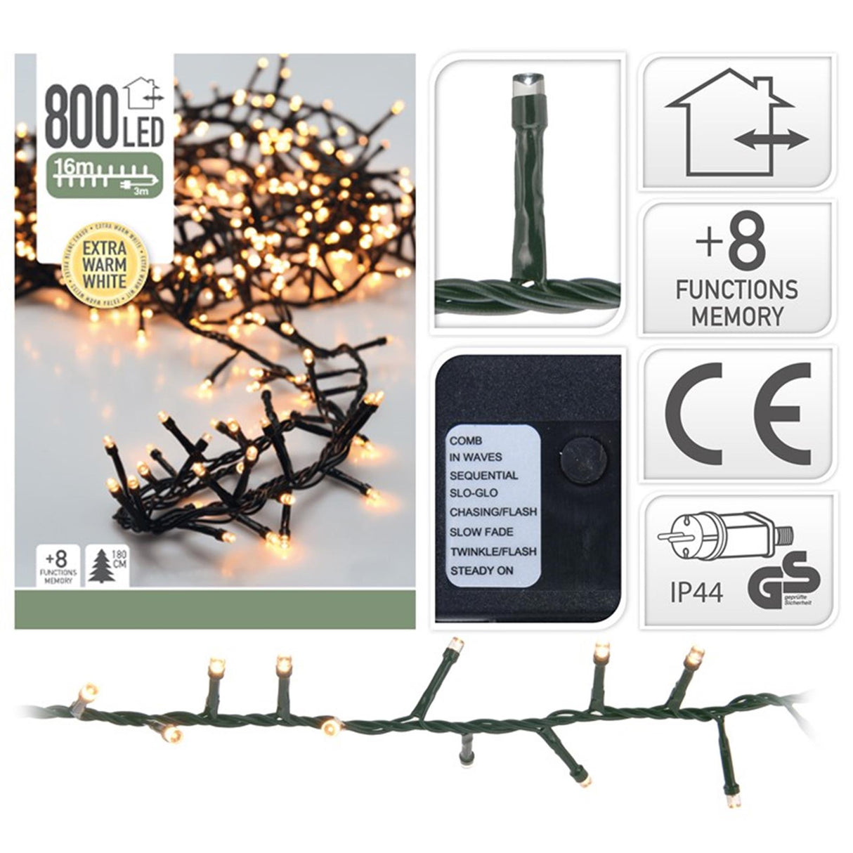 Clusterverlichting 800led 16 meter met 8 flits functies extra warmwit